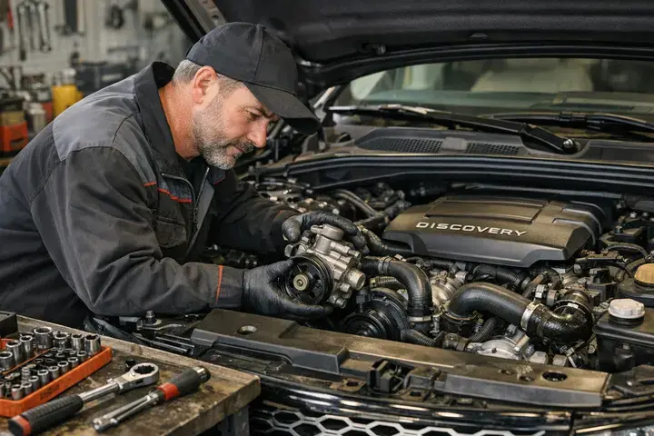Механик проверяет насос ГУР Land Rover в гараже